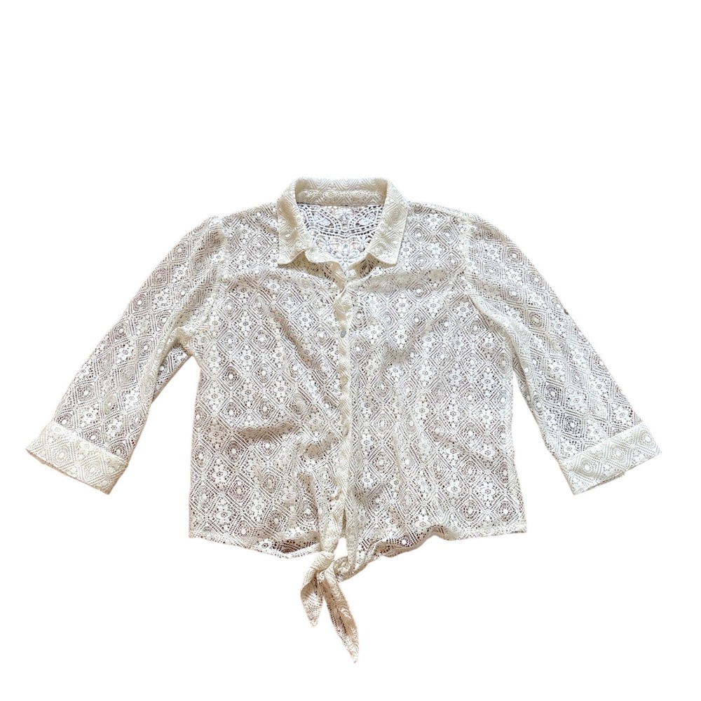 Lace Button Down Blouse‎ Women White Boho Tie Front Crochet SIZE M